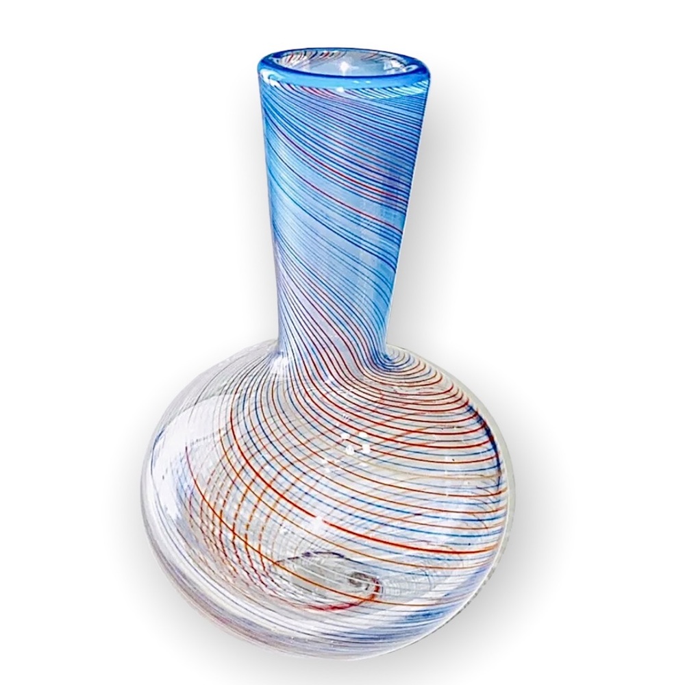 Boho Hand Blown Blue & Orange Swirl Vase